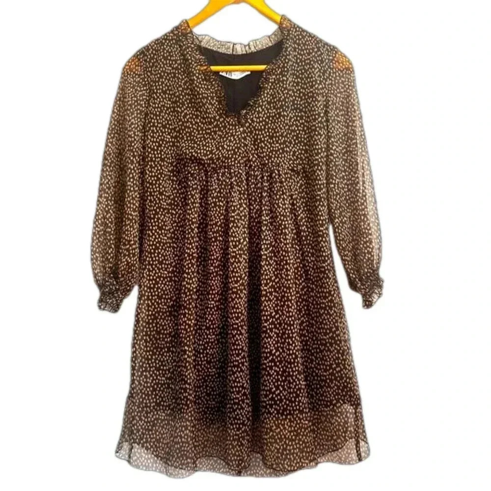 Zara Black/Brown Polka Dot Print Long Sleeve Dress